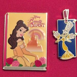 Disney Beauty and the Beast book and book mark enamel pin set Belle and Lumiere